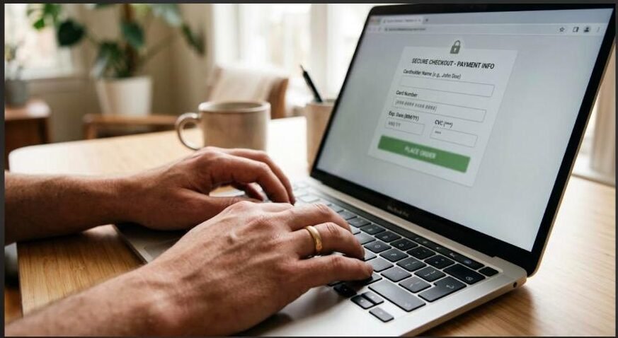 Is IPTV safe for online payments? Hands typing a secure checkout form while subscribing to an IPTV service