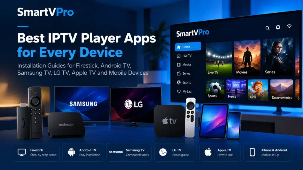 USA IPTV player apps shown on Firestick, Android TV, Samsung TV, LG TV, Apple TV, iPhone and Android